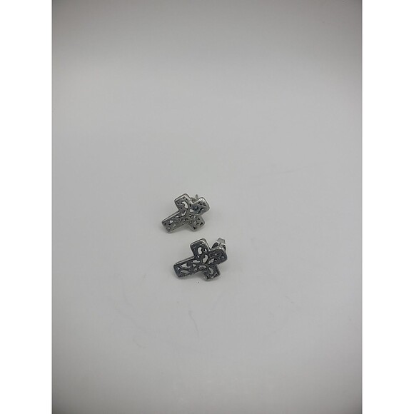 Vintage Earrings Pierced Post Stud Cross Cutout Silver Tone Jewelry Costume - Picture 8 of 12